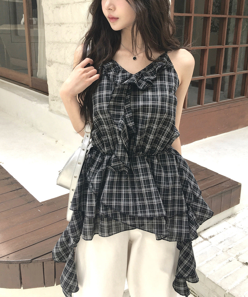 チェックフリルアシメキャミワンピ