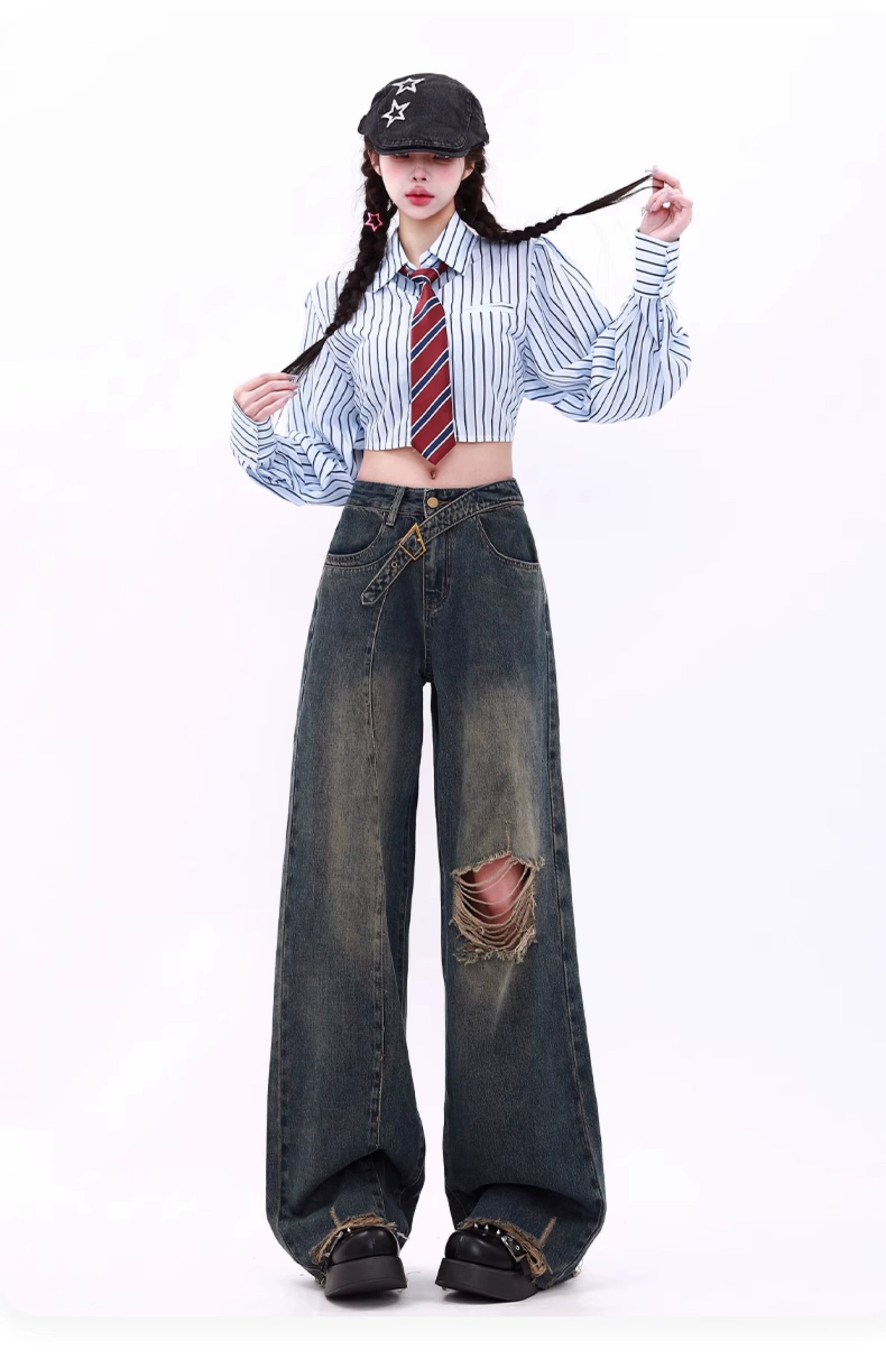ヴィンテージダメージワイドレッグデニムパンツ KDS340