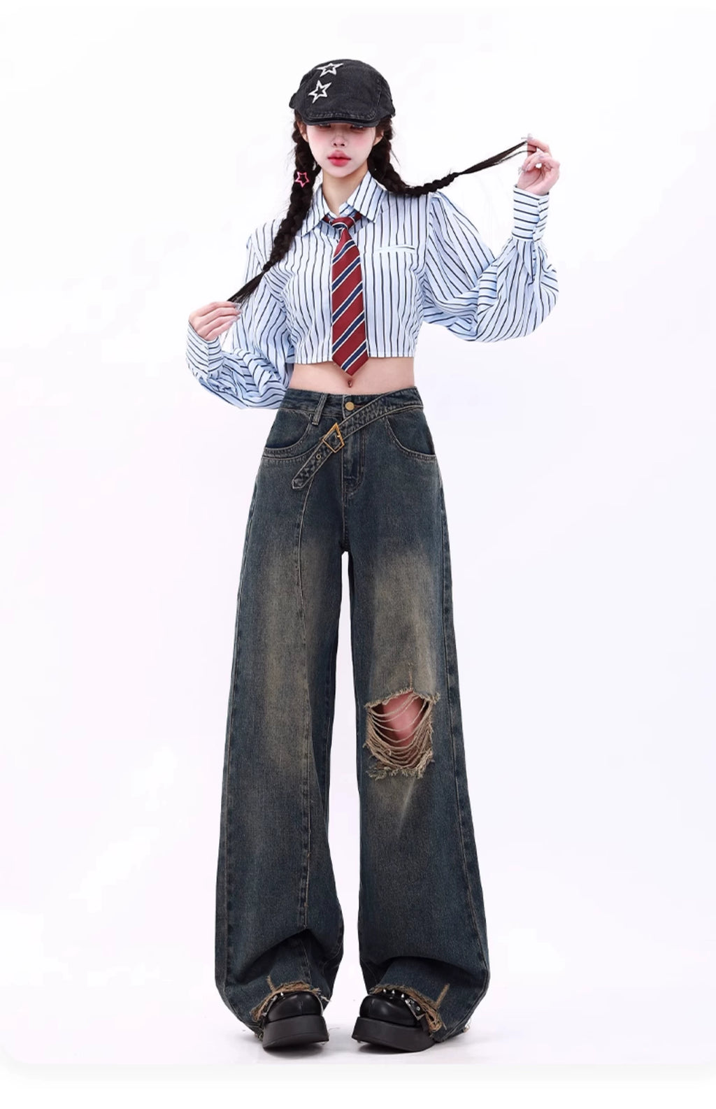 ヴィンテージダメージワイドレッグデニムパンツ KDS340