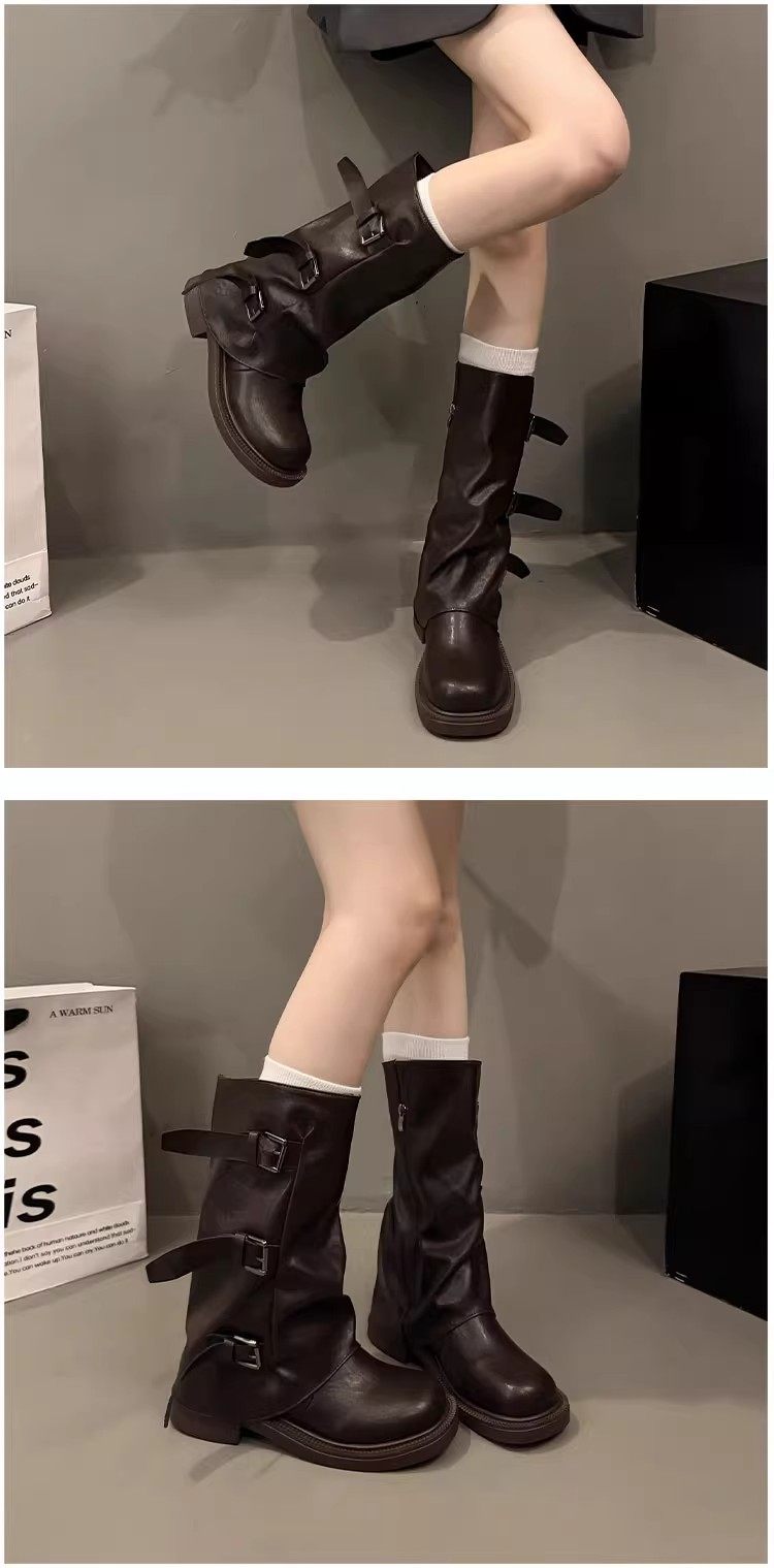 トリプルバックル レザーロングブーツ