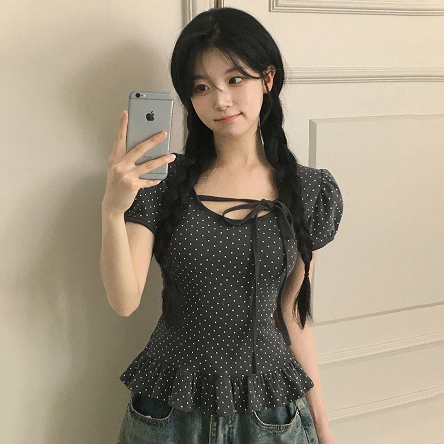ドットフリル スクエアネックTシャツ