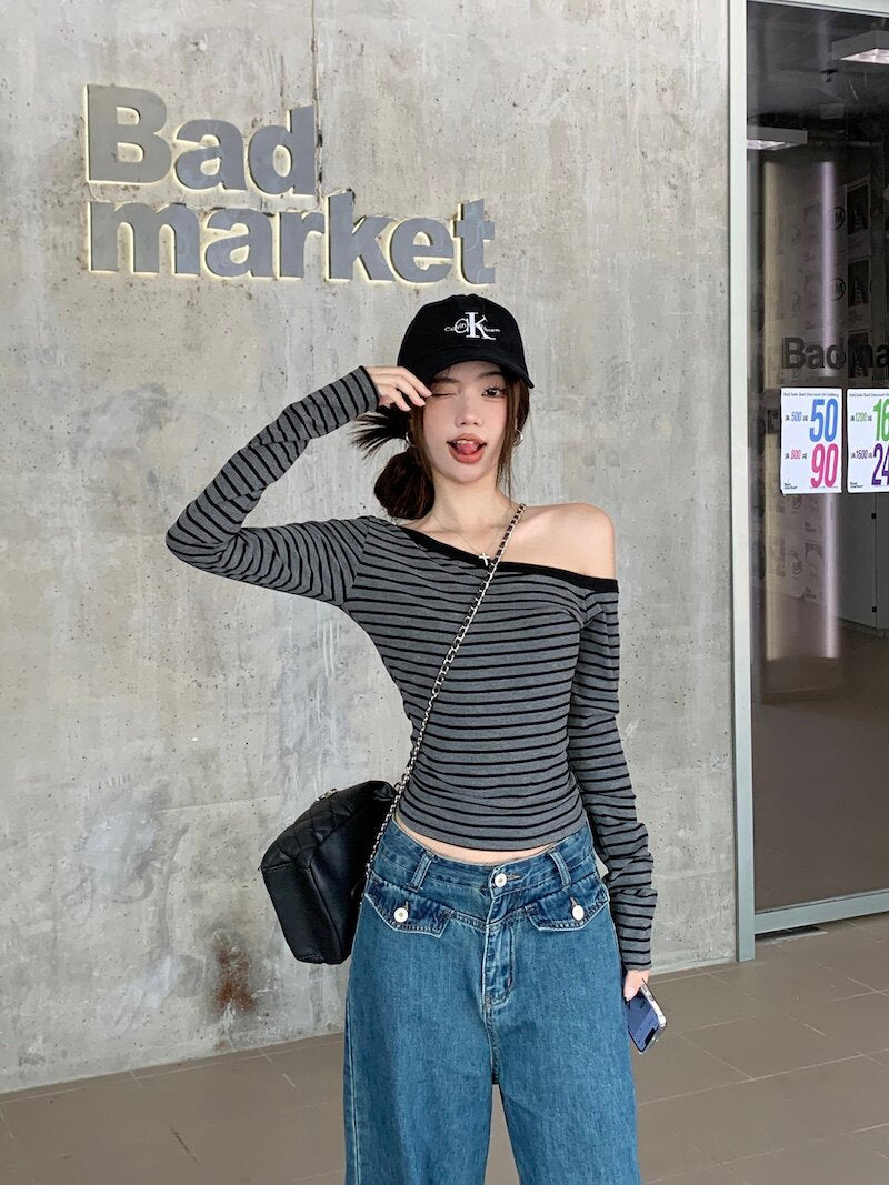 ストライプワンショルロンT