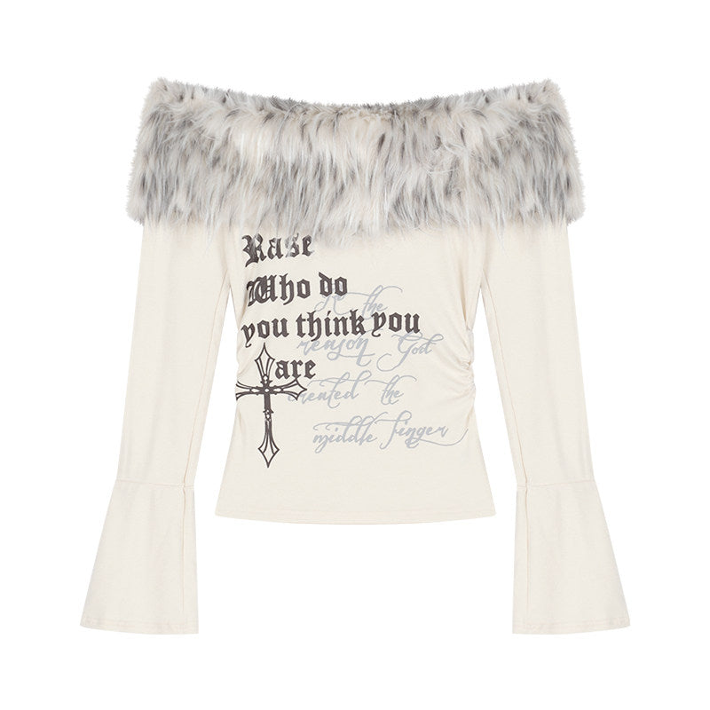 フェイクファーオフショル トップス