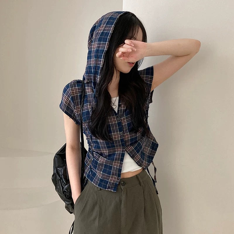 フード付きチェックレイヤードクロップドシャツトップス