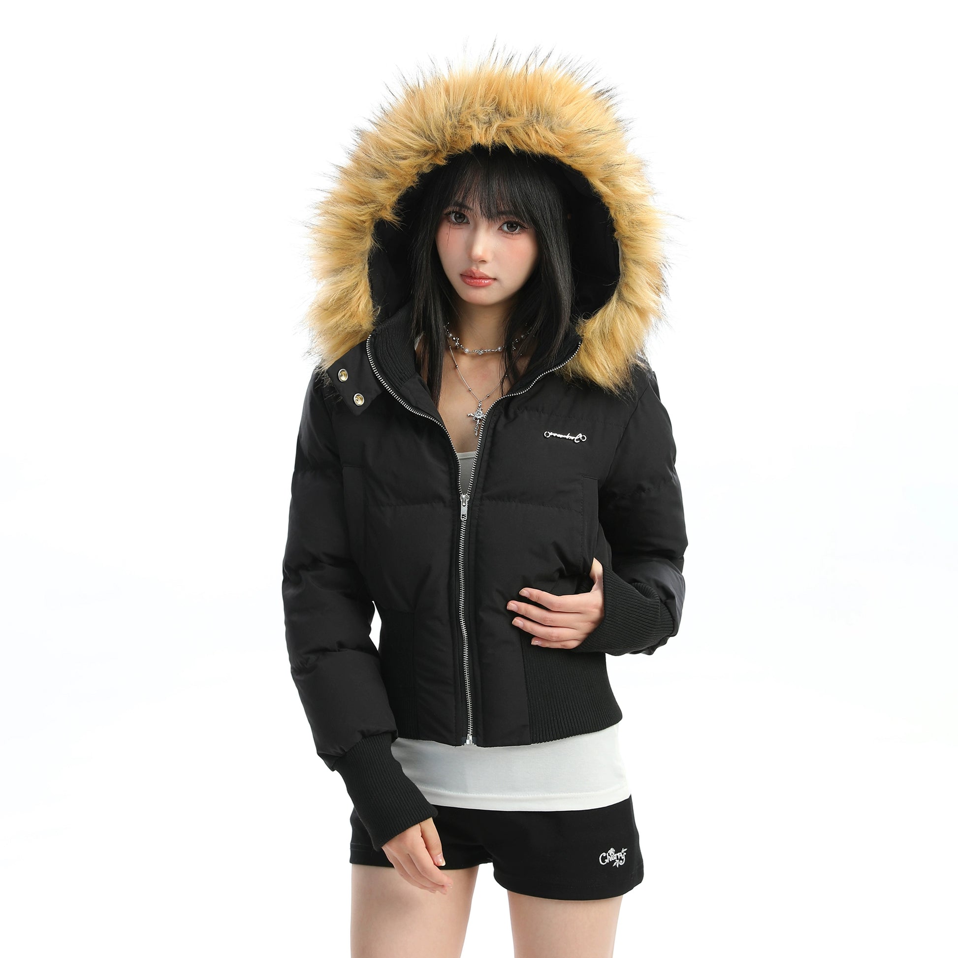 ファーフードショートダウンジャケット(ファー取り外し可能)