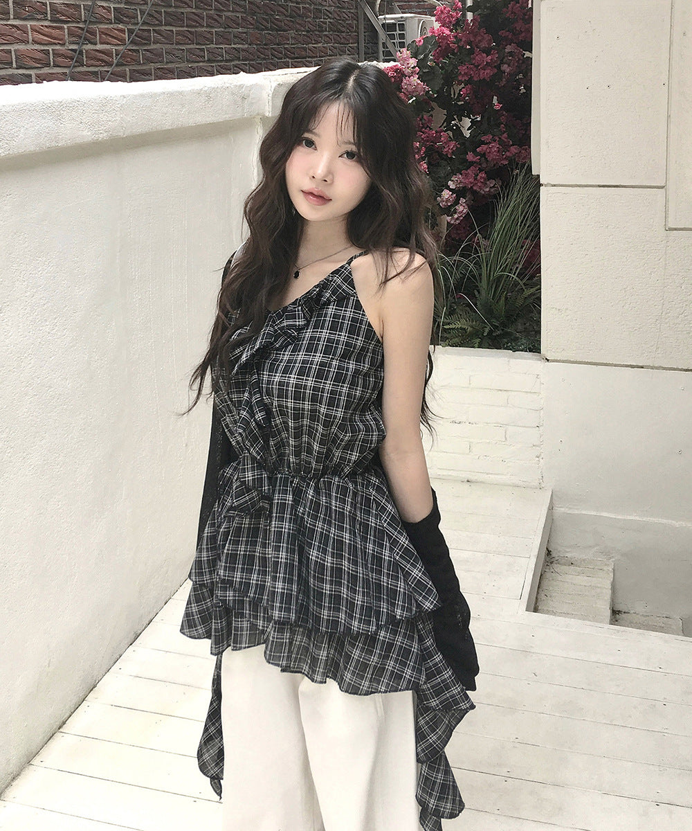 チェックフリルアシメキャミワンピ