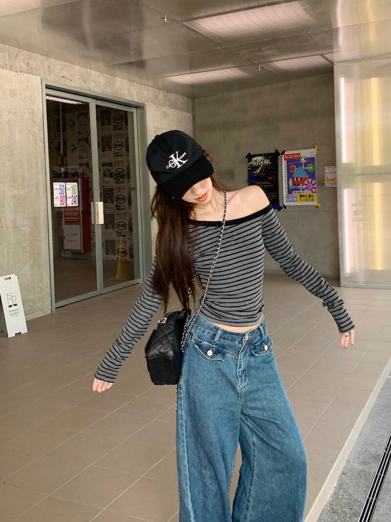 ストライプワンショルロンT