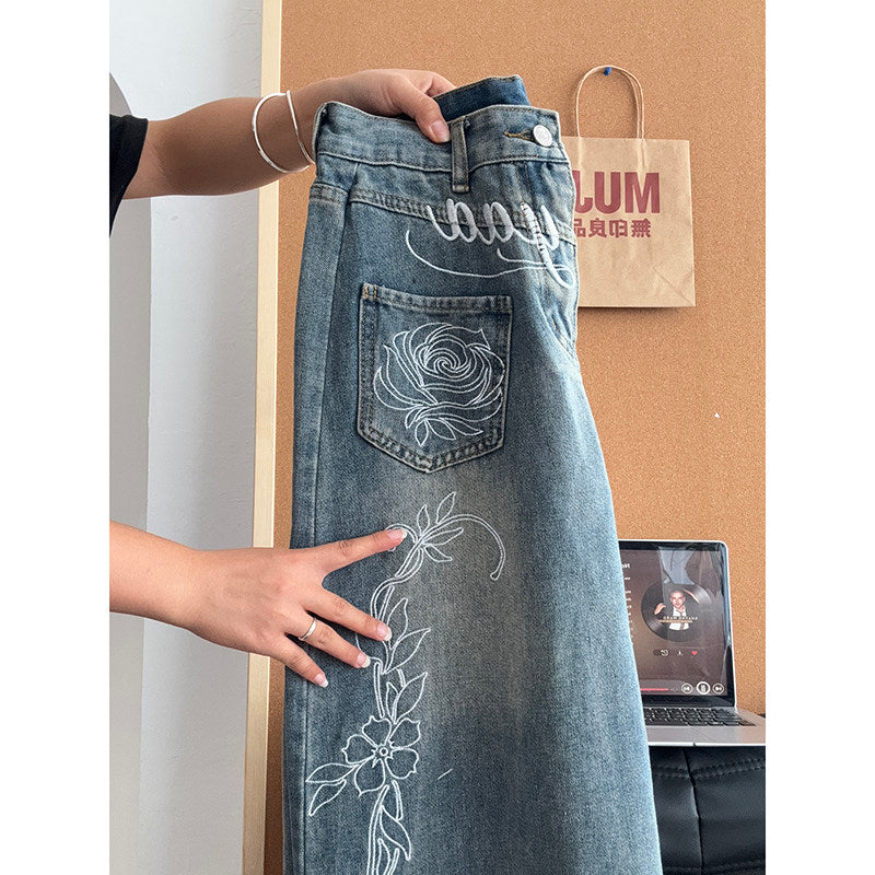 フラワー刺繍ワイドデニムパンツ
