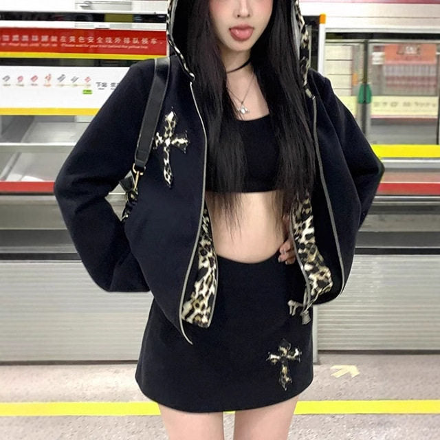 Y2Kムード レオパードフードブルゾン