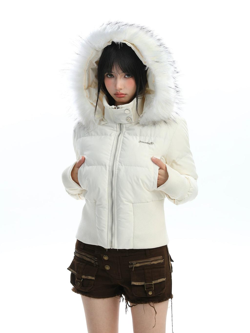 ファーフードショートダウンジャケット(ファー取り外し可能)