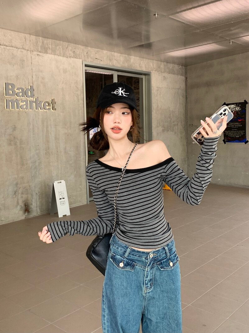 ストライプワンショルロンT