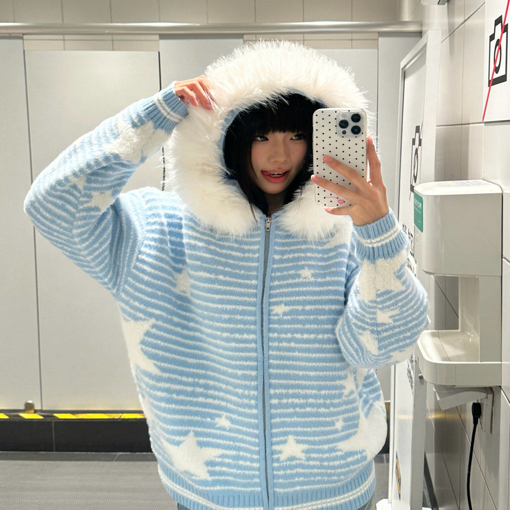 ファーフード ジップアップニットパーカー