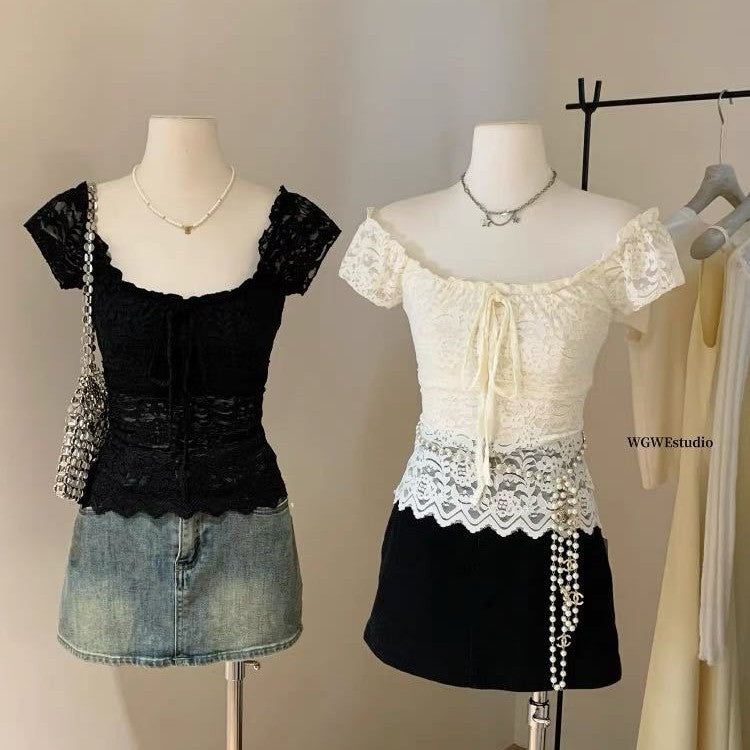 レースリボンスリムフィットトップス