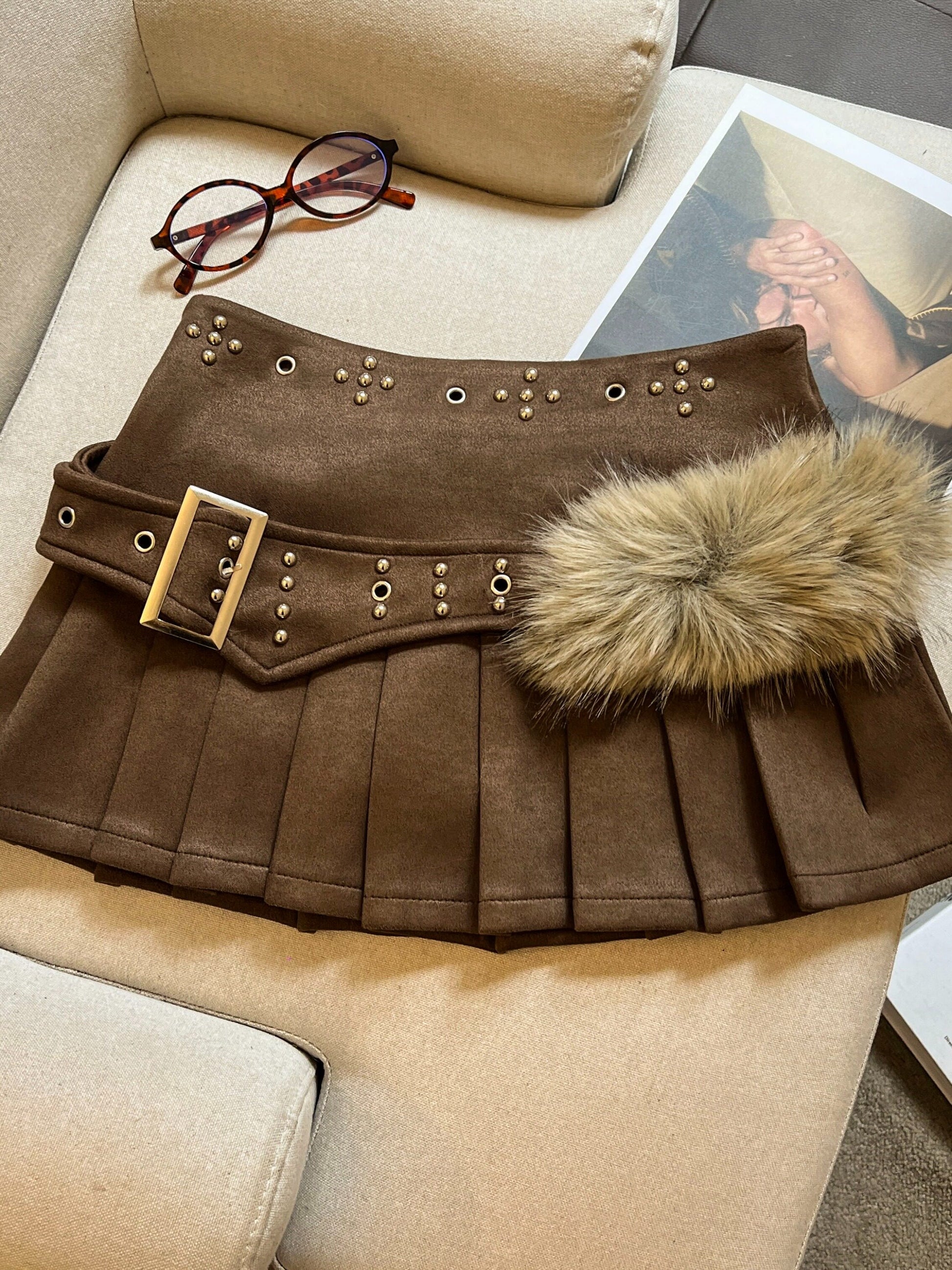 Y2Kムード ファー付きベルトミニスカート