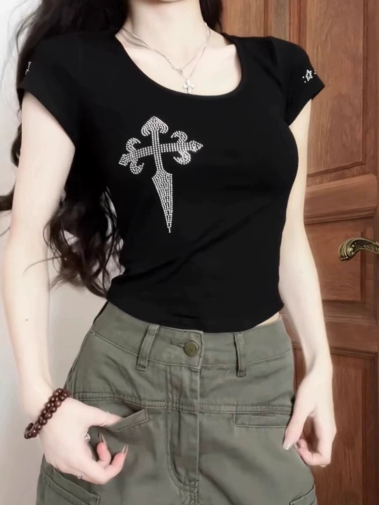 ラインストーンクロスダガーTシャツ