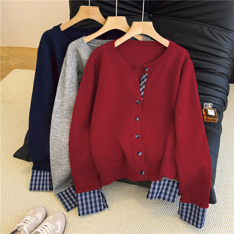 チェックレイヤード風プレッピーニットカーデ