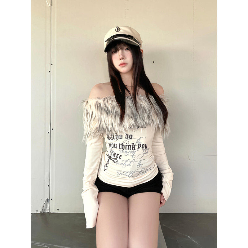 フェイクファーオフショル トップス