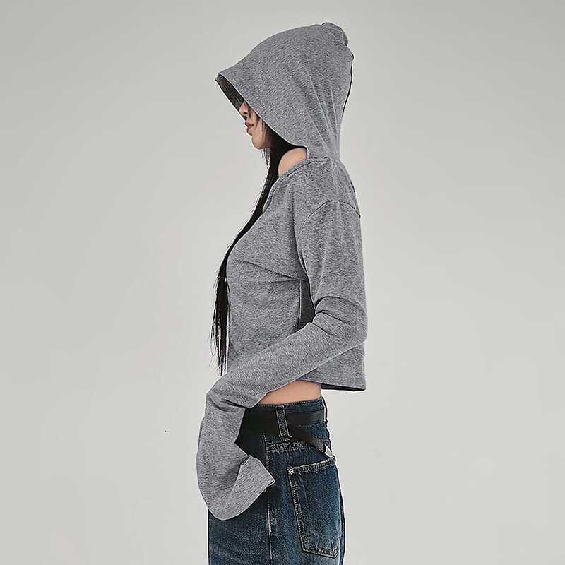 フード付きオフショルダーフィットロンT