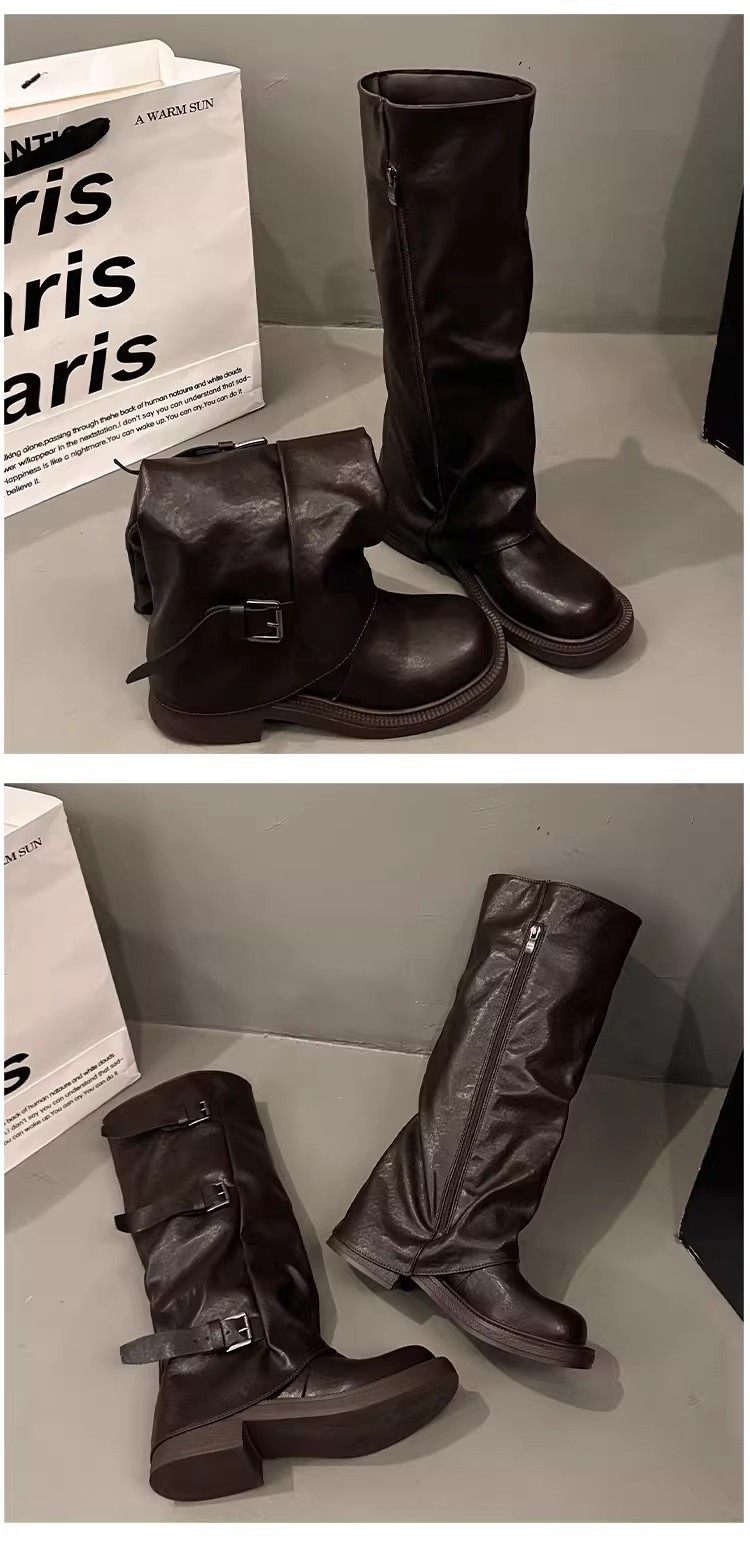 トリプルバックル レザーロングブーツ