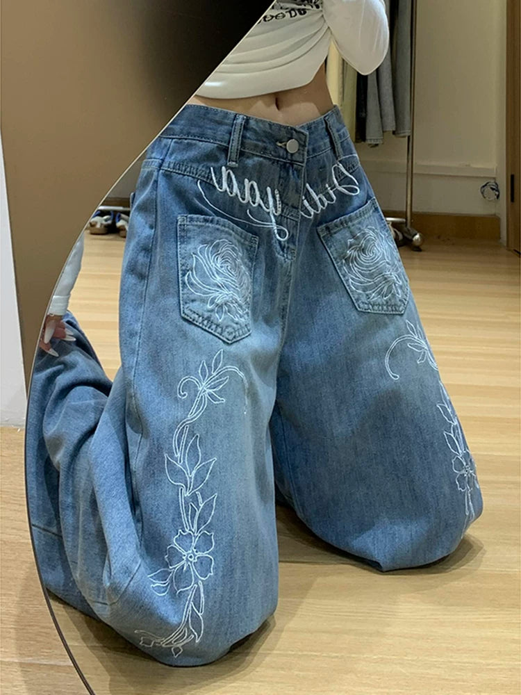 フラワー刺繍ワイドデニムパンツ