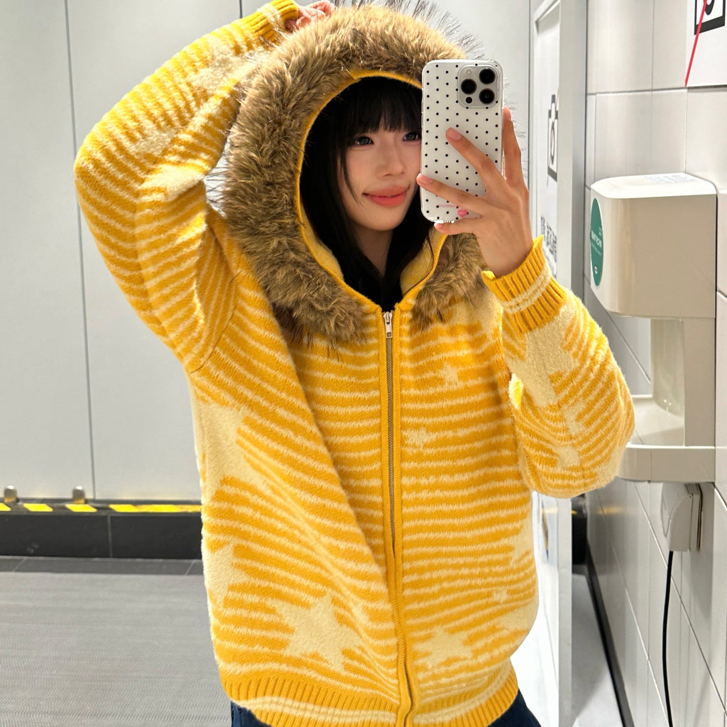 ファーフード ジップアップニットパーカー
