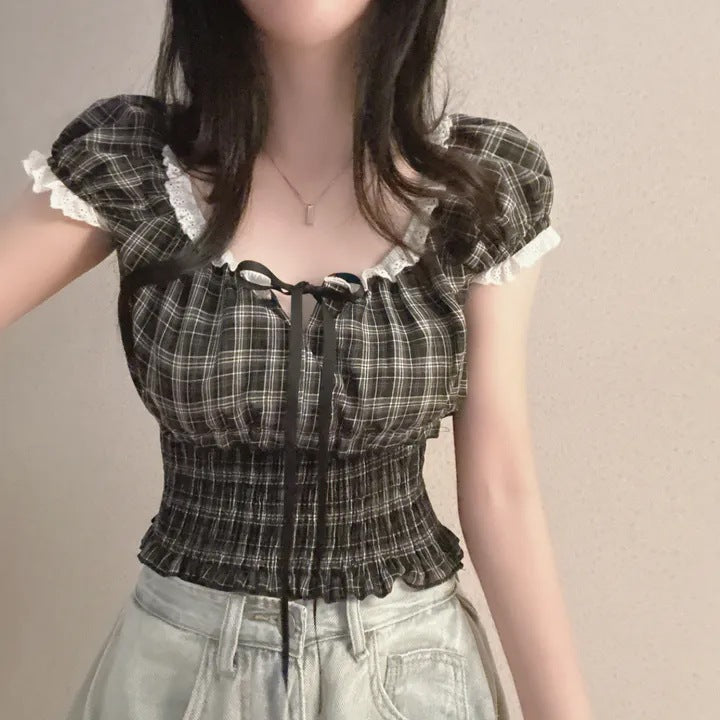 韓国風ガーリーチェックギャザーブラウス