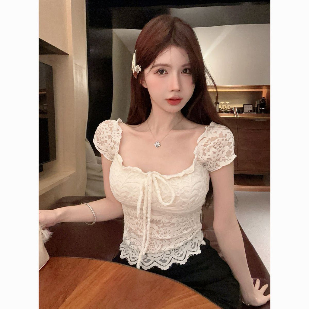 レースリボンスリムフィットトップス