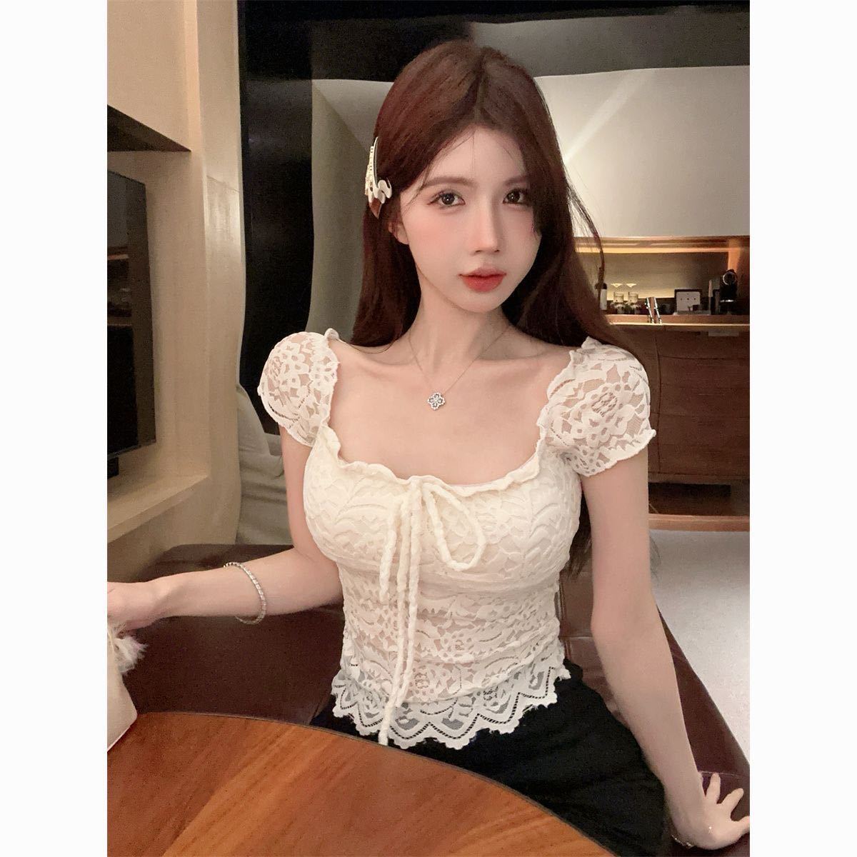 レースリボンスリムフィットトップス