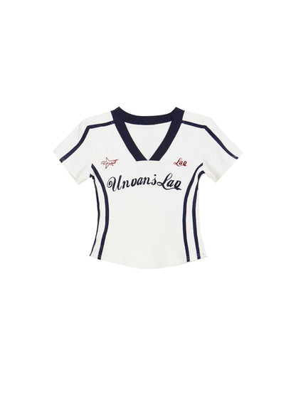 VネックスポーツデザインクロップドTシャツ