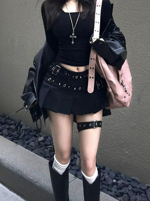 ダブルベルトスタッズデニムミニスカート
