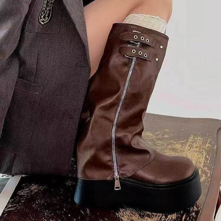 ダブルベルトフロントジップ厚底ロングブーツ