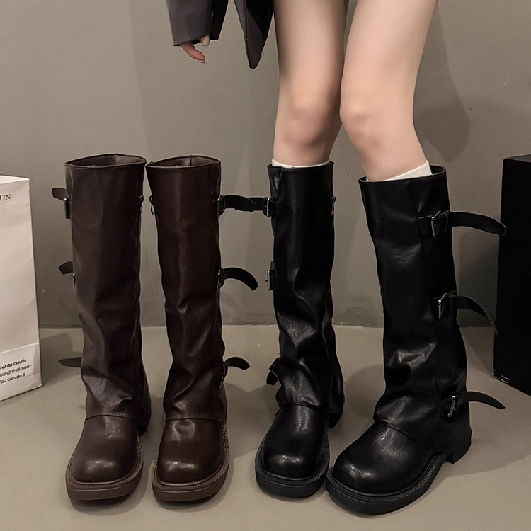 トリプルバックル レザーロングブーツ