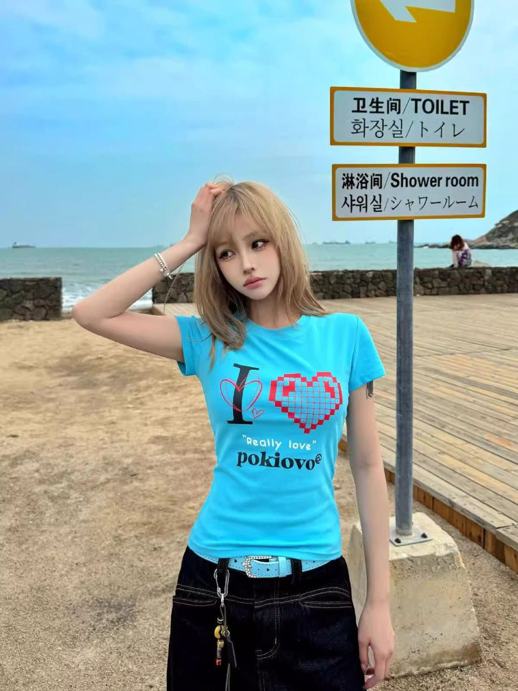 韓国ストリート風 ハートプリントTシャツ