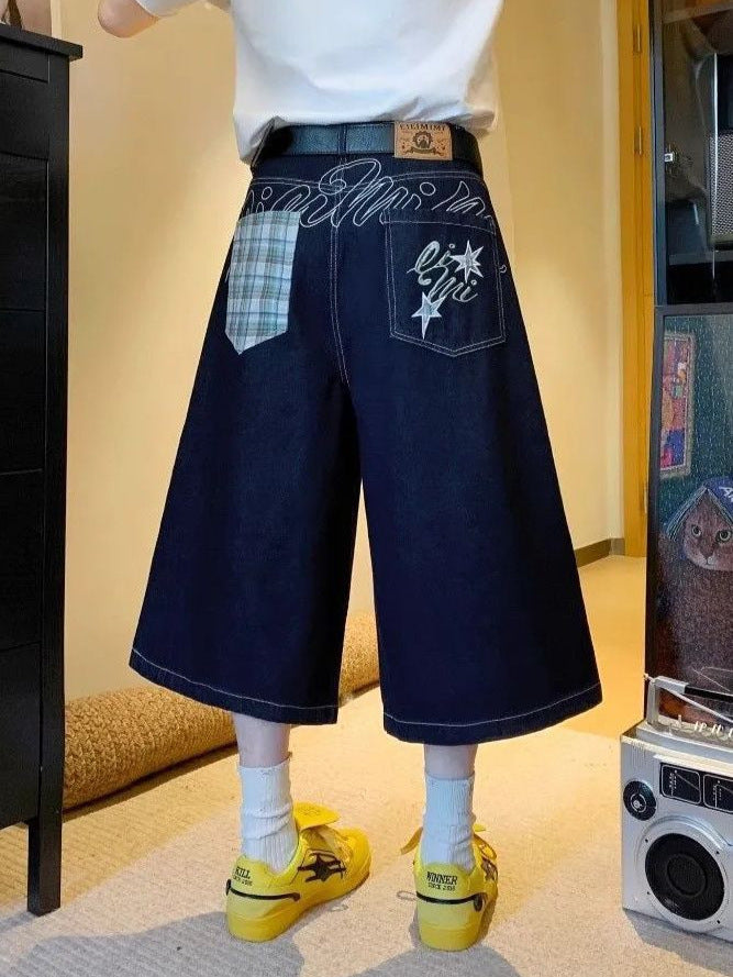 パッチワークポケット ワイドデニムハーフパンツ