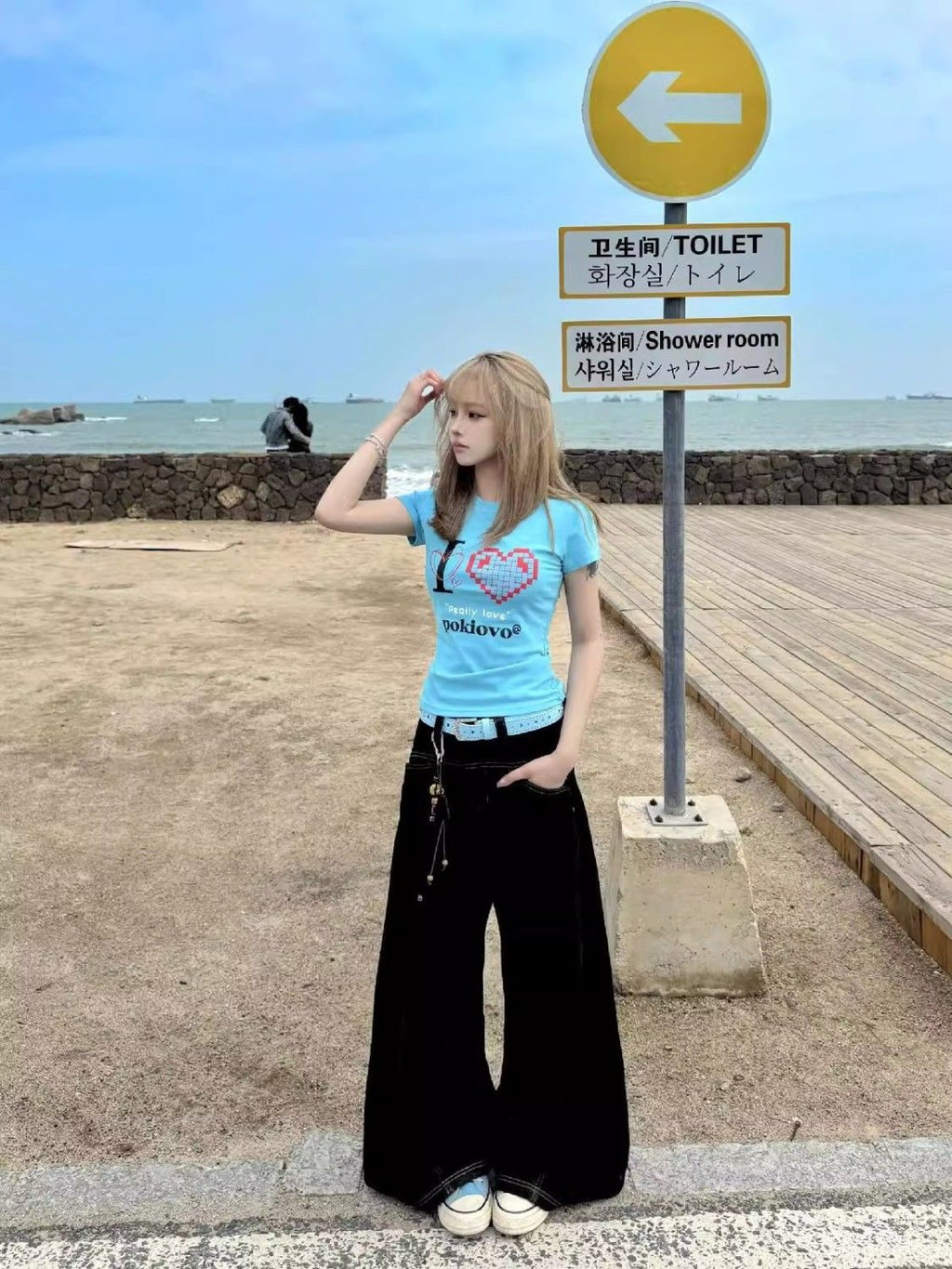 韓国ストリート風 ハートプリントTシャツ