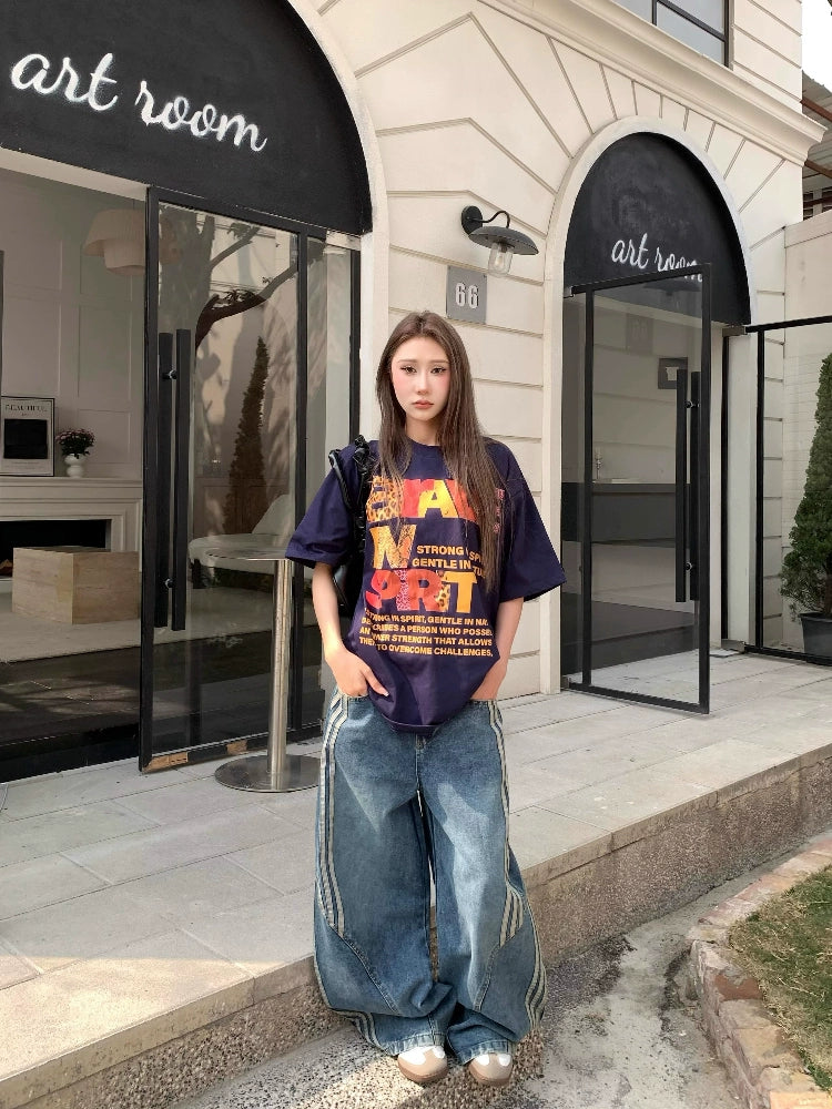 ウォッシュド ワイドデニム S〜2XL サイドライン ヴィンテージウォッシュドサイドラインデニムパンツ – 100StarS