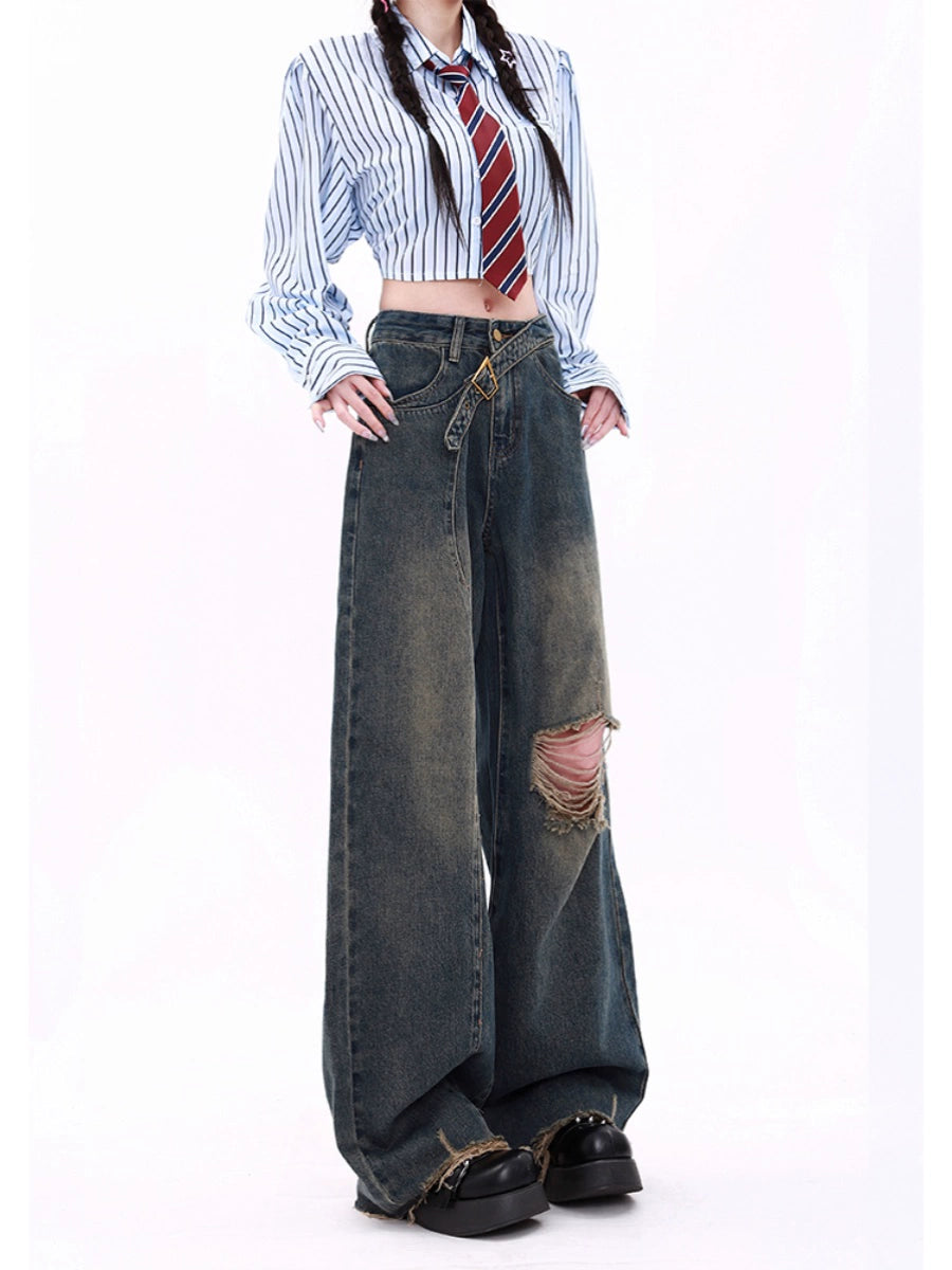 ヴィンテージダメージワイドレッグデニムパンツ KDS340