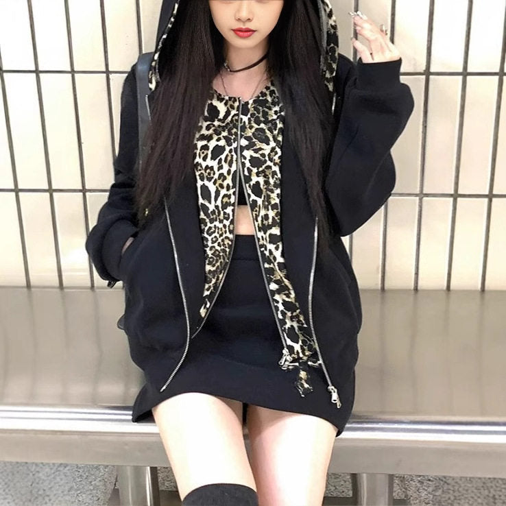 Y2Kムード レオパードフードブルゾン