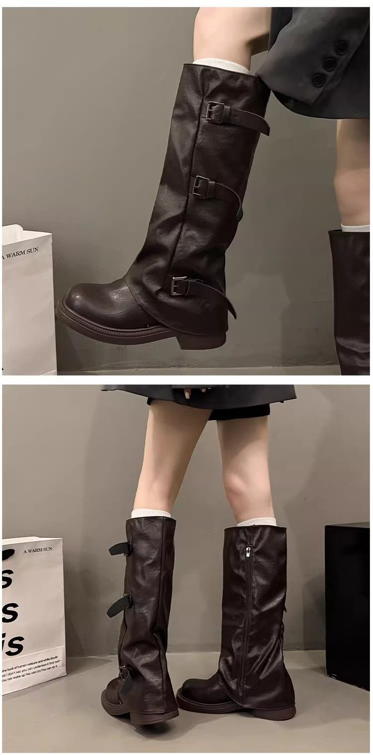 トリプルバックル レザーロングブーツ