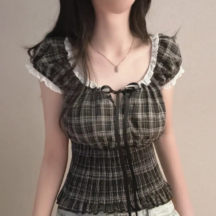 韓国風ガーリーチェックギャザーブラウス