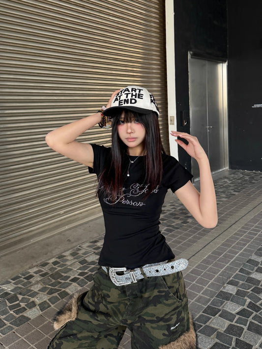 ラインストーンロゴクロップドTシャツ