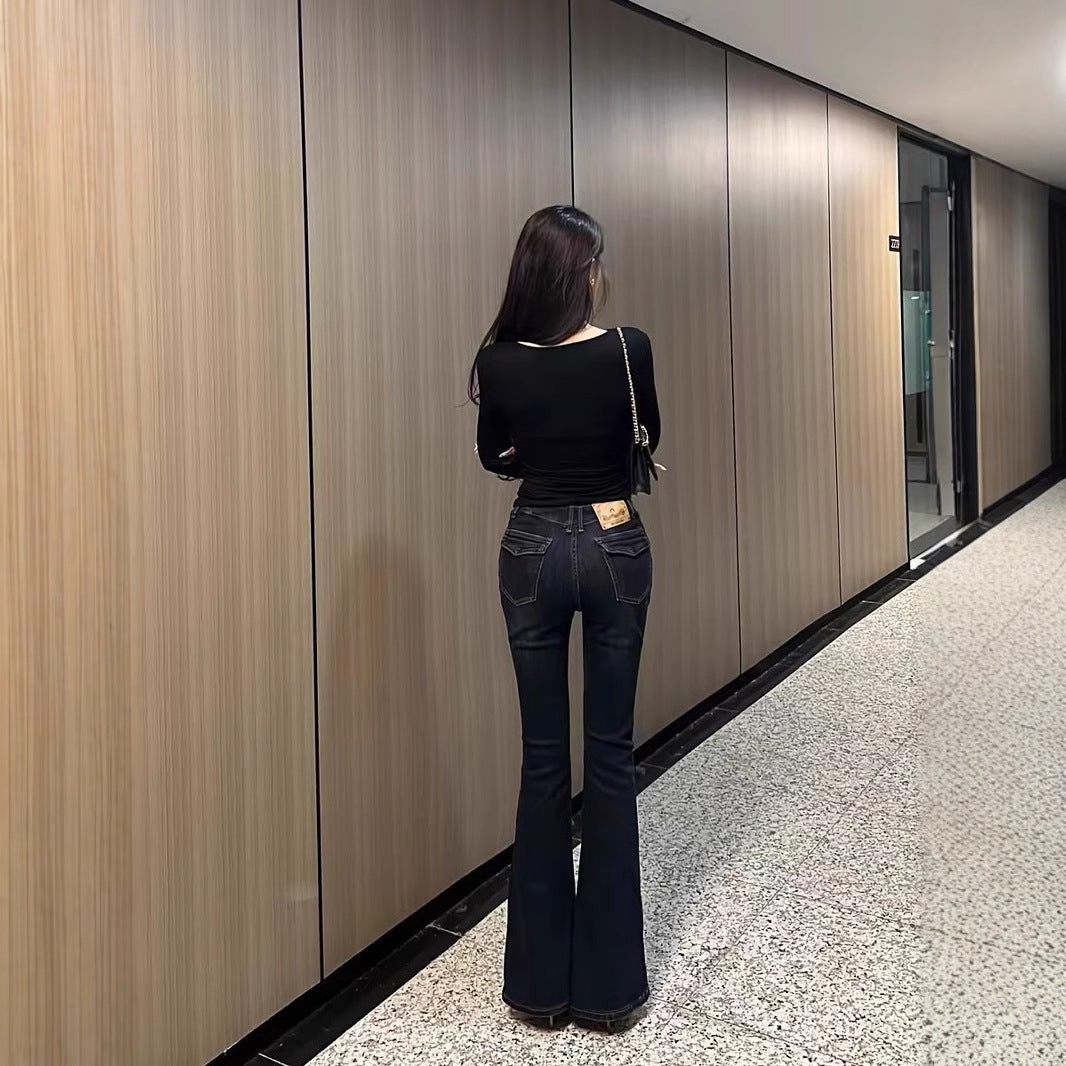 Vウエストスリムフレアデニムパンツ
