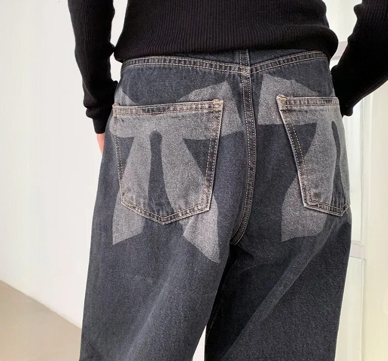 バックデザインウォッシュワイドデニムパンツ