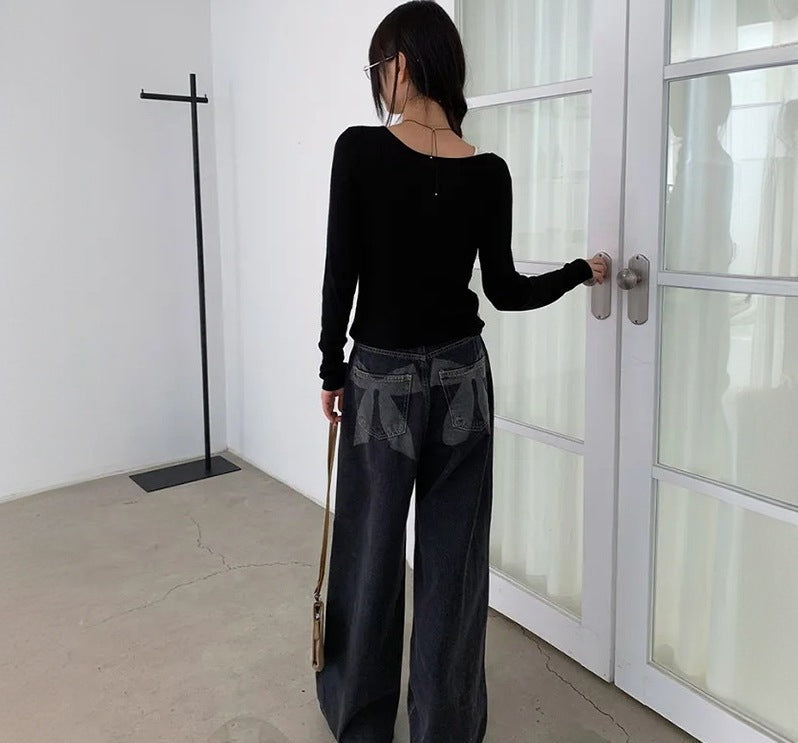 バックデザインウォッシュワイドデニムパンツ