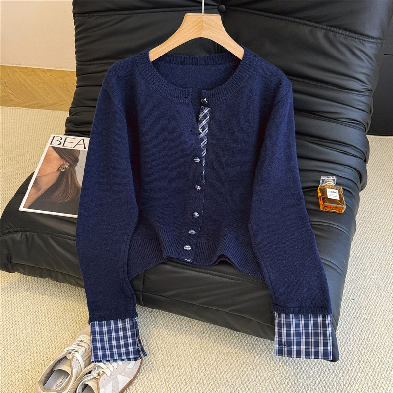 チェックレイヤード風プレッピーニットカーデ