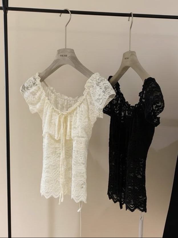 レースリボンスリムフィットトップス