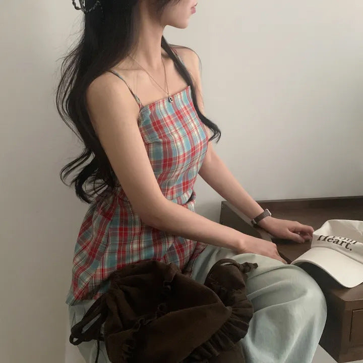 韓国風ウエストシェイプチェックキャミソール