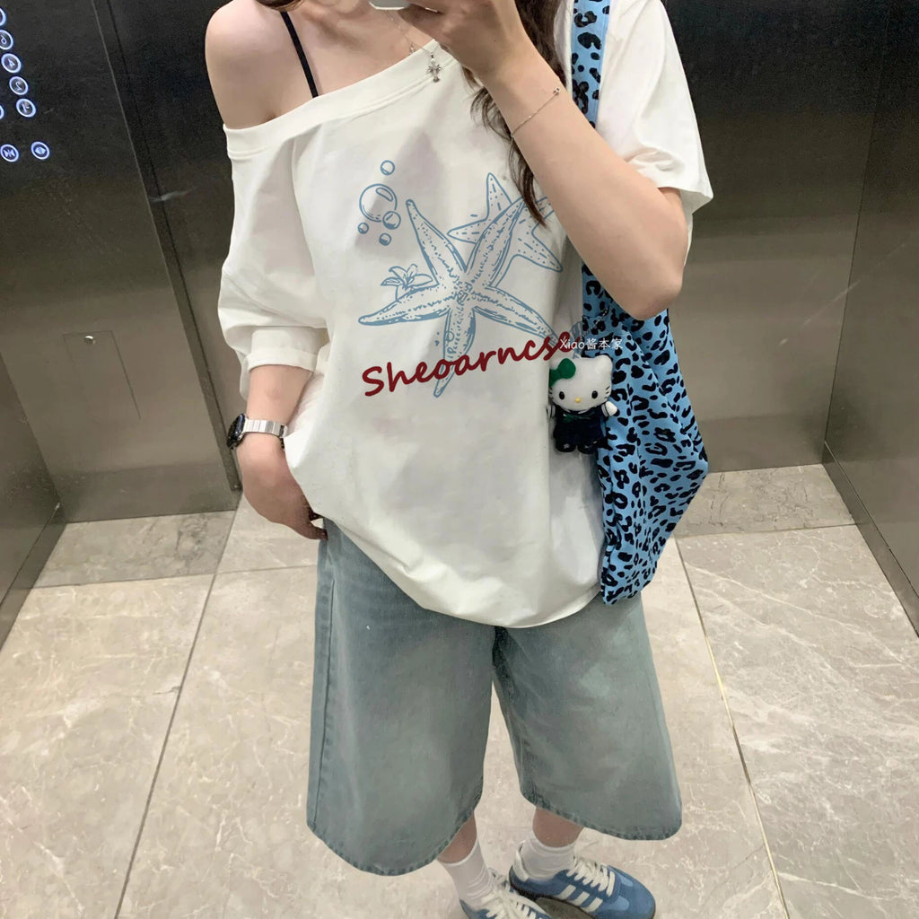 ビーチグラフィックオフショルダーT