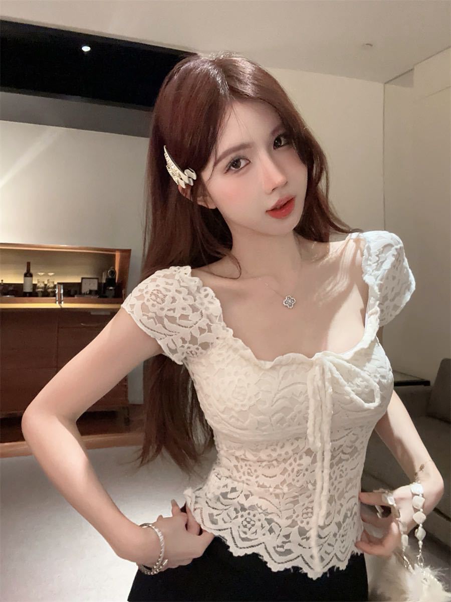 レースリボンスリムフィットトップス