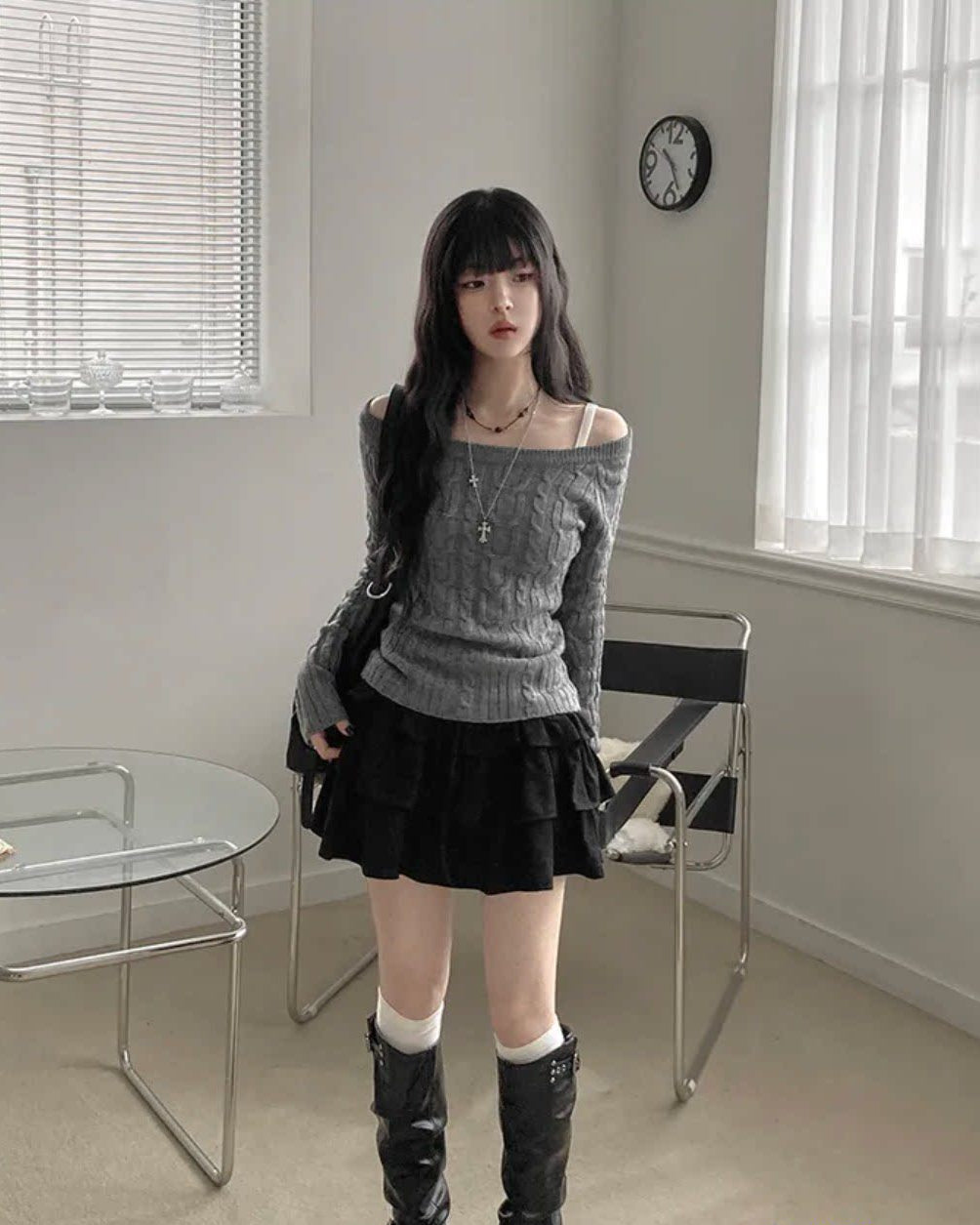 オフショル フィットニットトップス